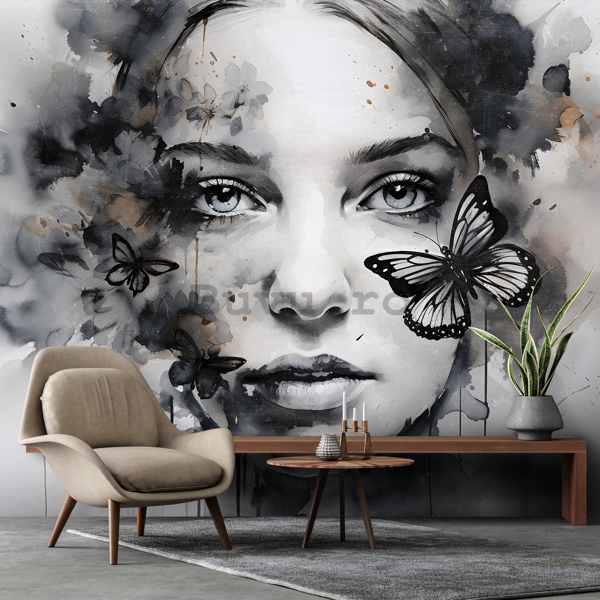 Fototapet vlies: Art watercolour woman butterfly (1) - 254x184 cm