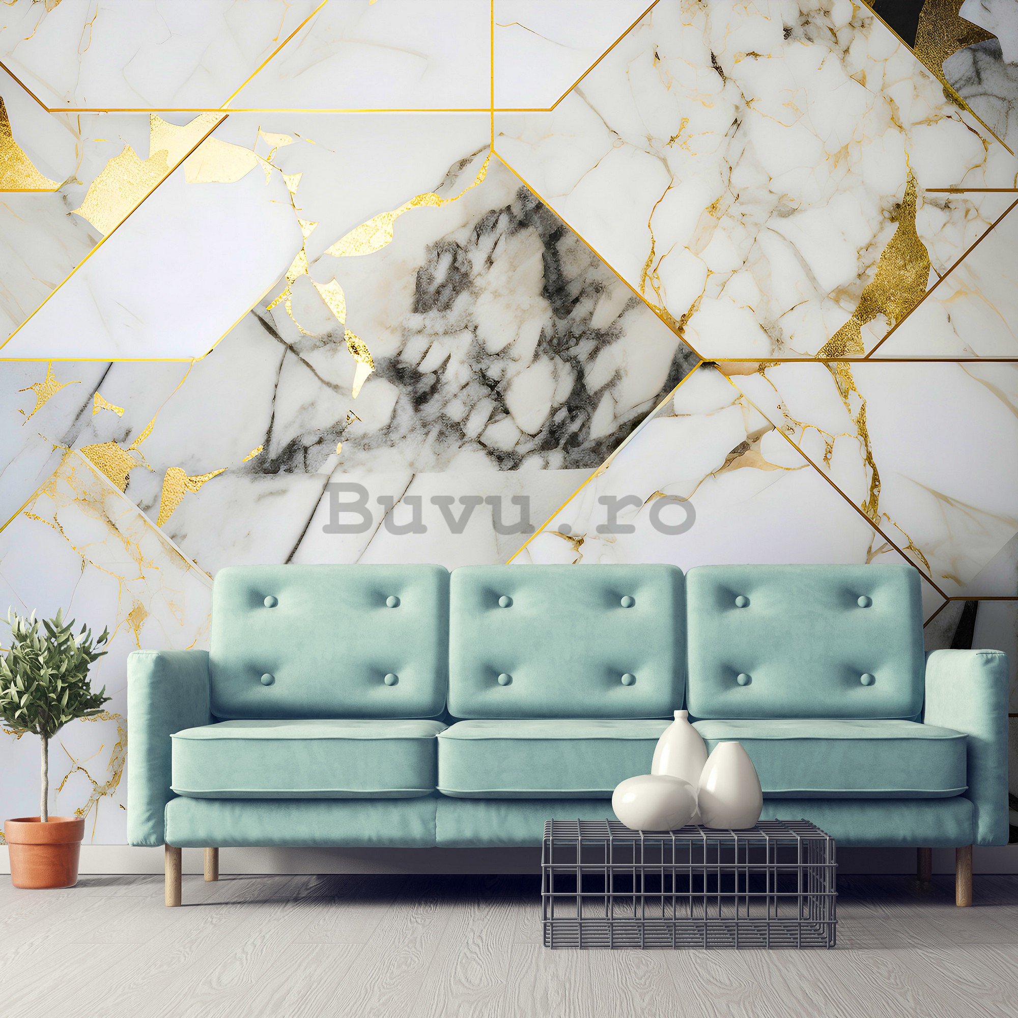 Fototapet vlies: Imitation marble gold geometry - 254x184 cm