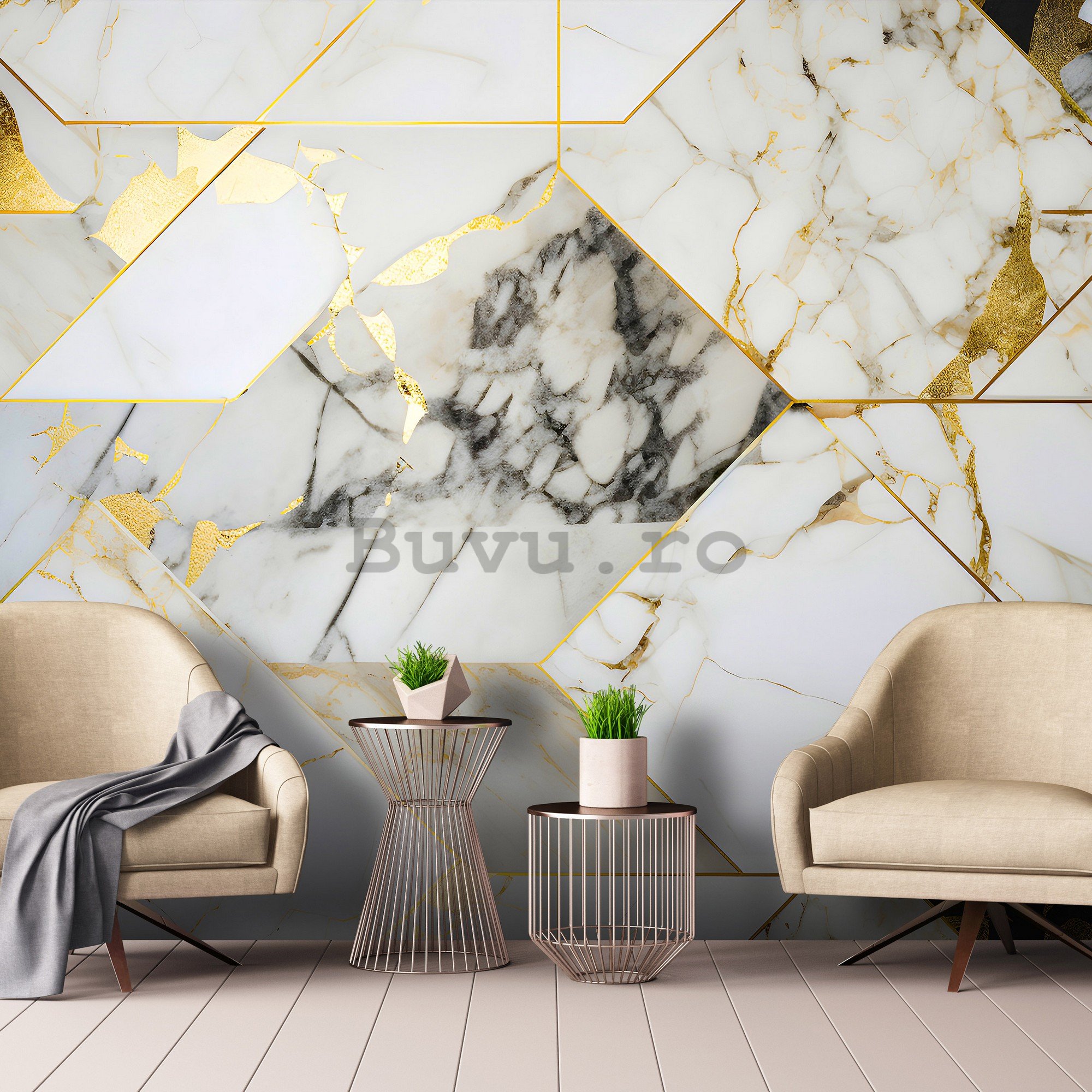 Fototapet vlies: Imitation marble gold geometry - 254x184 cm