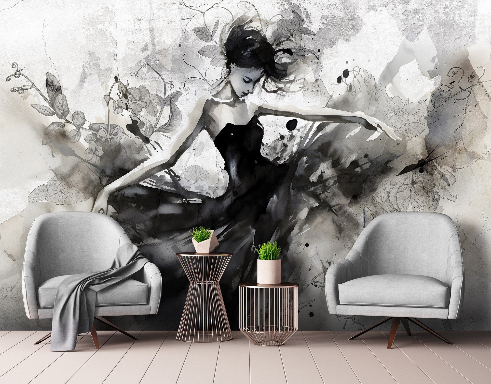 Fototapet vlies: Painting B&W concrete dancer - 254x184 cm