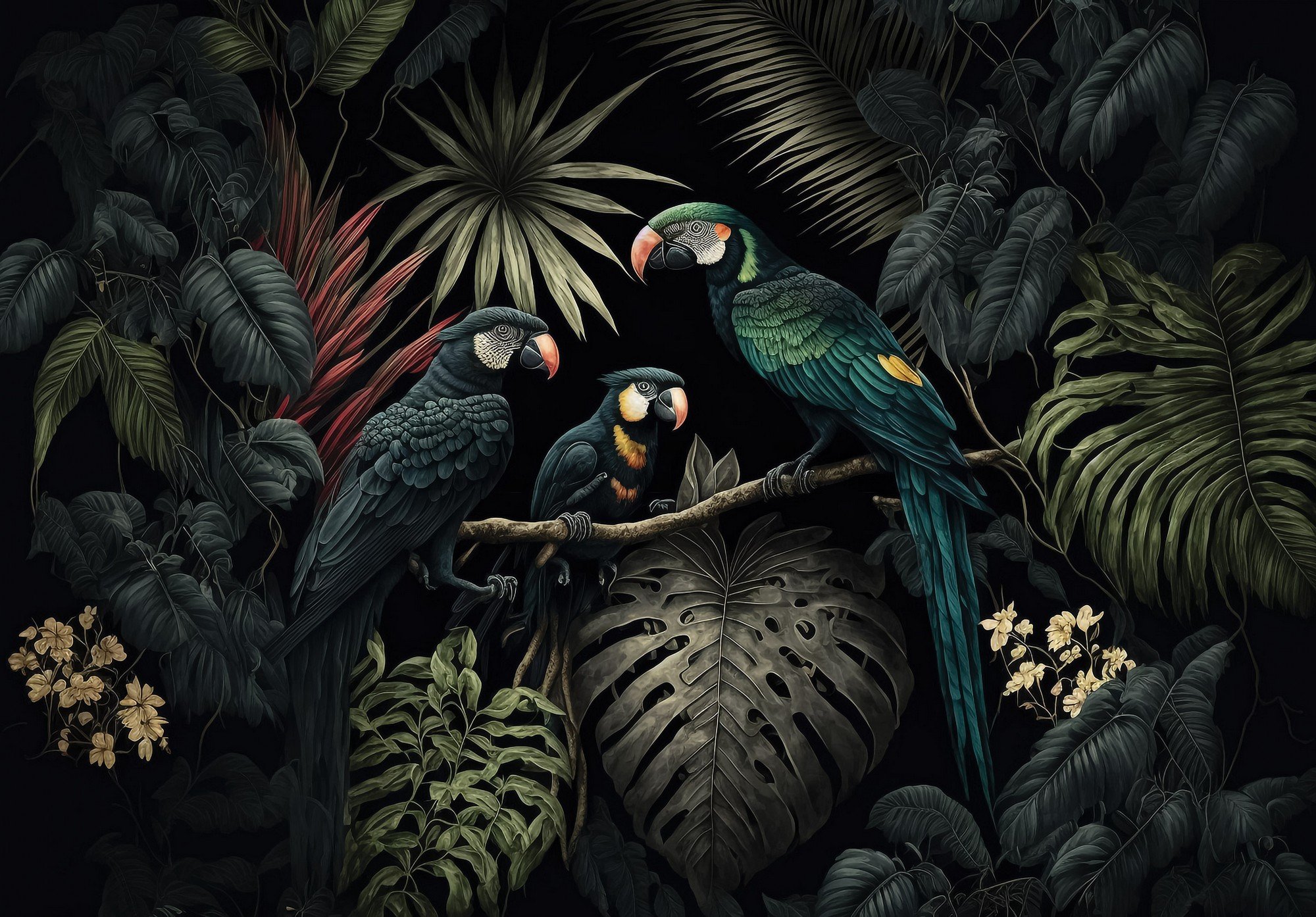Fototapet vlies: Nature jungle parrots leaves - 416x290 cm