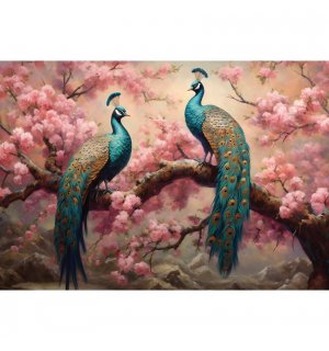 Fototapet vlies: Art Abstract Branches Flowers Birds Peacocks (1) - 254x184 cm