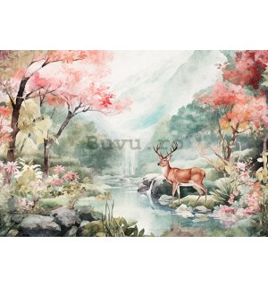 Fototapet vlies: Landscape Painted Forest Deer - 254x184 cm