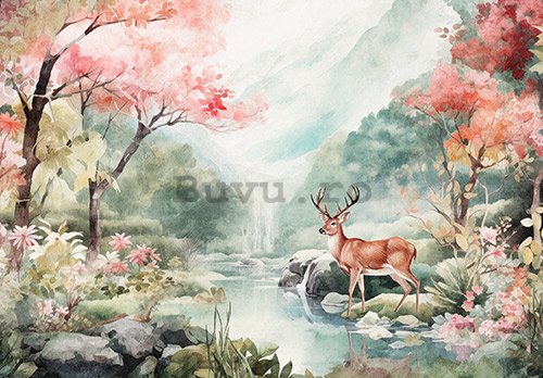 Fototapet vlies: Landscape Painted Forest Deer - 368x254 cm