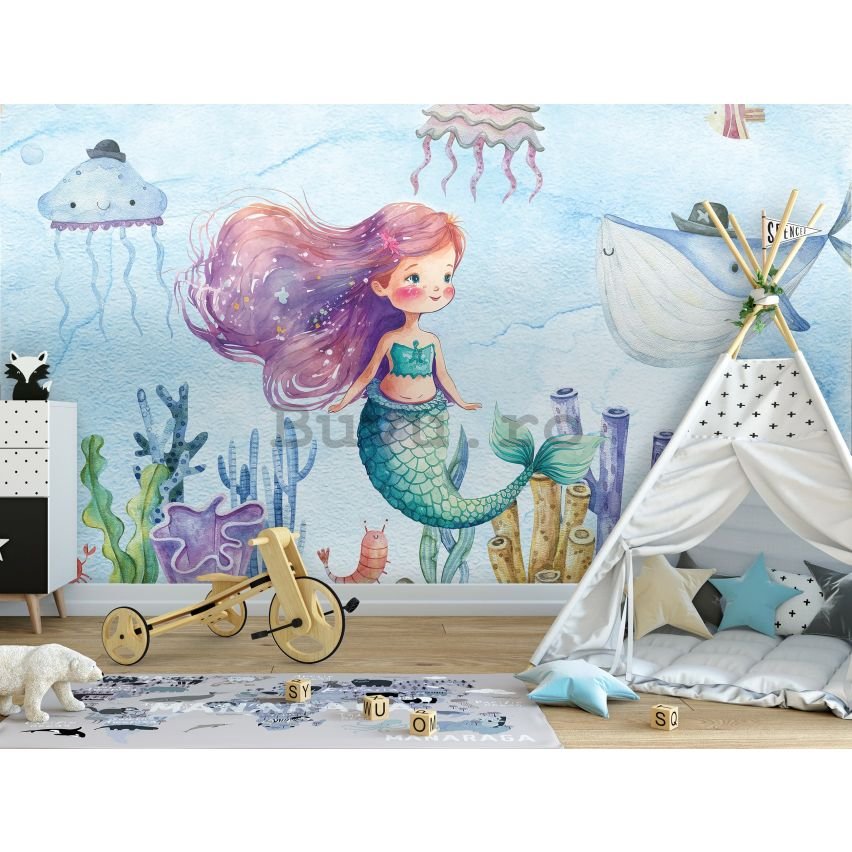 Fototapet vlies: For kids mermaid watercolour (1) -152,5x104 cm