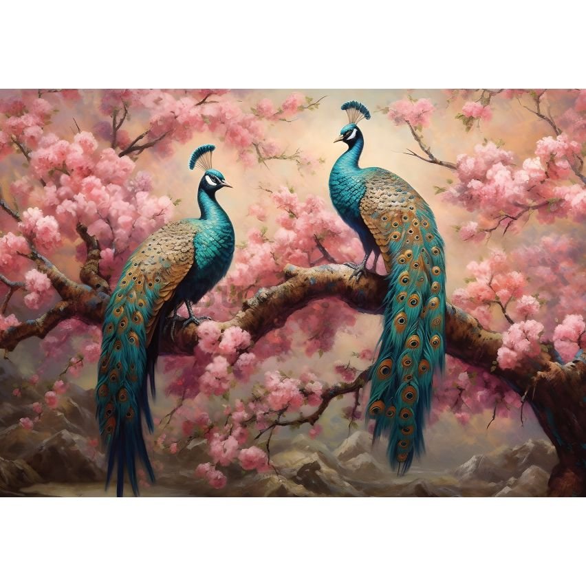 Fototapet vlies: Art Abstract Branches Flowers Birds Peacocks (1) -152,5x104 cm