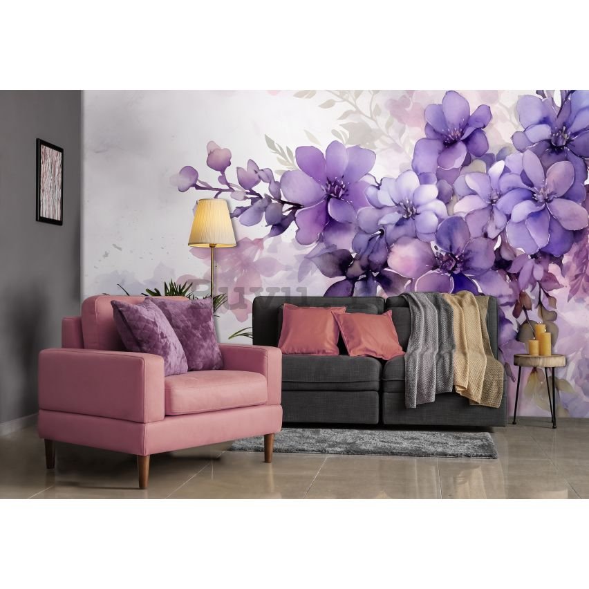 Fototapet vlies: Violet Romantic Painted Flowers -152,5x104 cm
