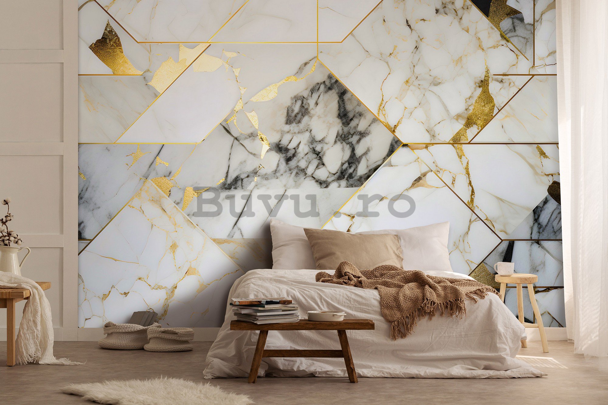 Fototapet vlies: Imitation marble gold geometry - 208x146 cm