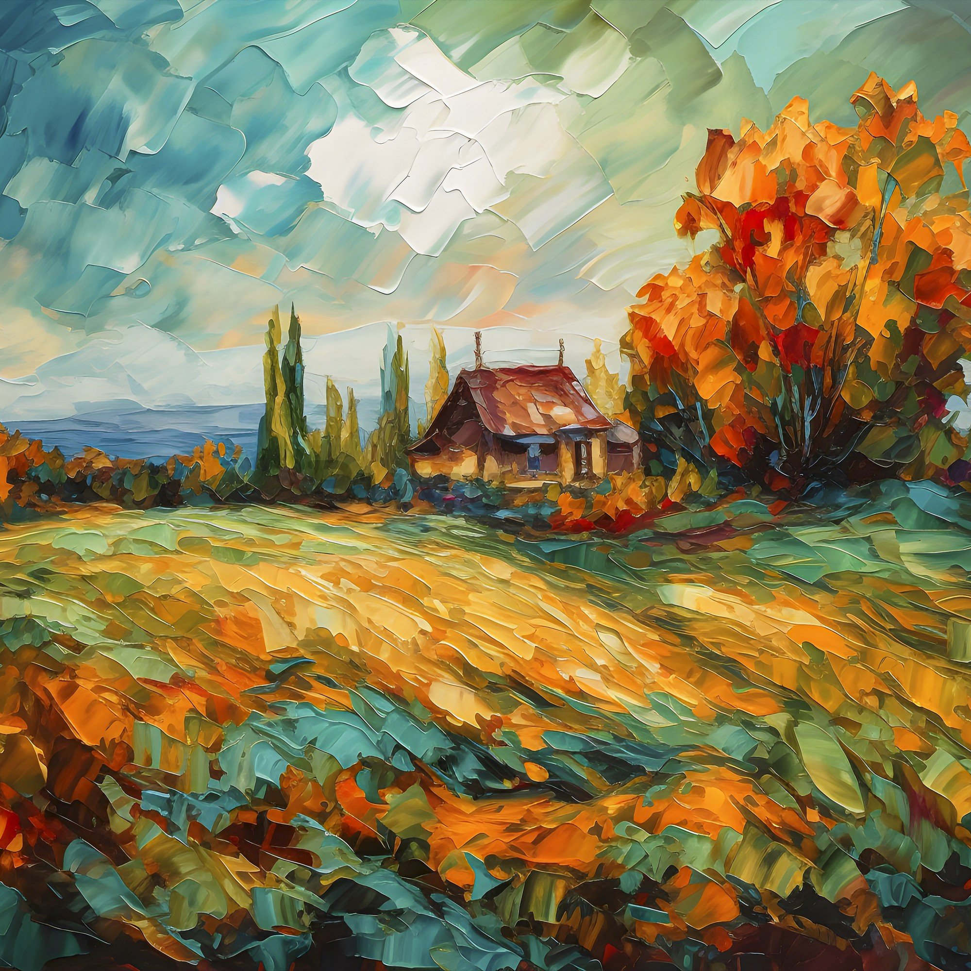 Fototapet vlies: Lanscape oil-colour painting nature - 416x254 cm