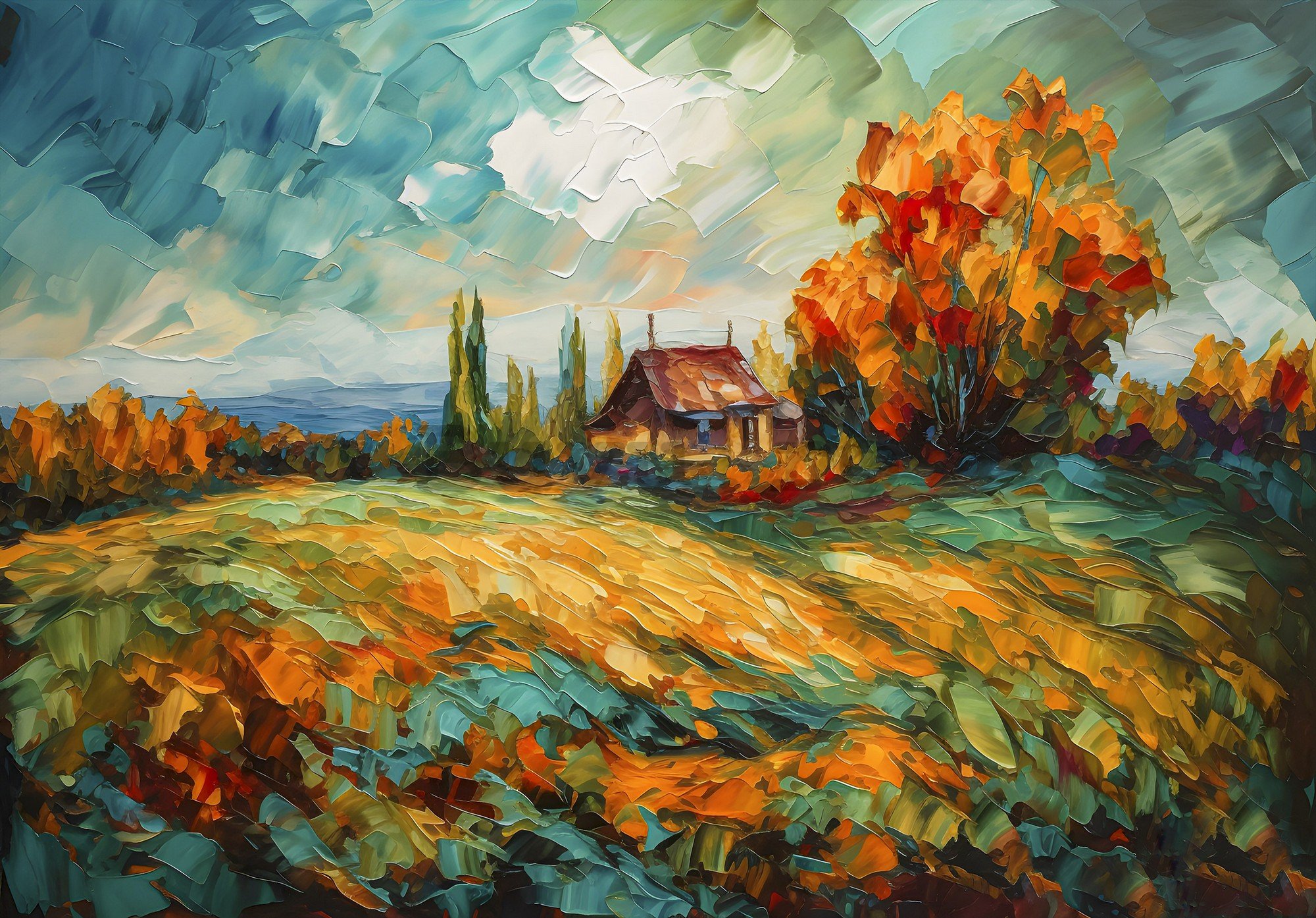 Fototapet vlies: Lanscape oil-colour painting nature - 416x254 cm