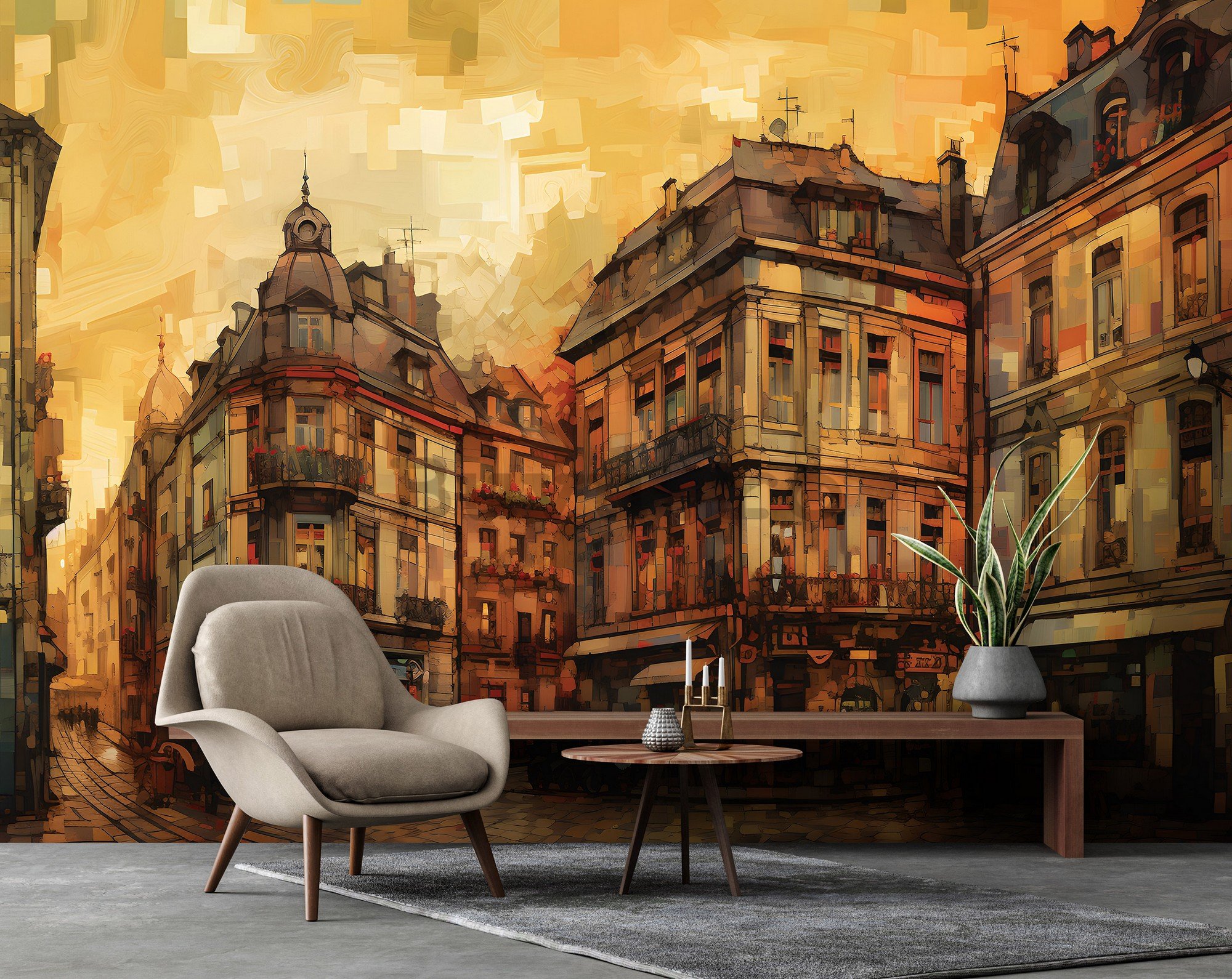 Fototapet vlies: City architecture oil-colours painting - 416x254 cm