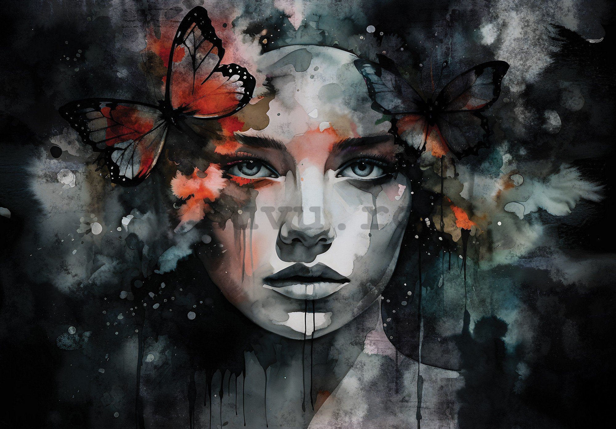 Fototapet vlies: Art watercolour woman butterfly - 416x254 cm