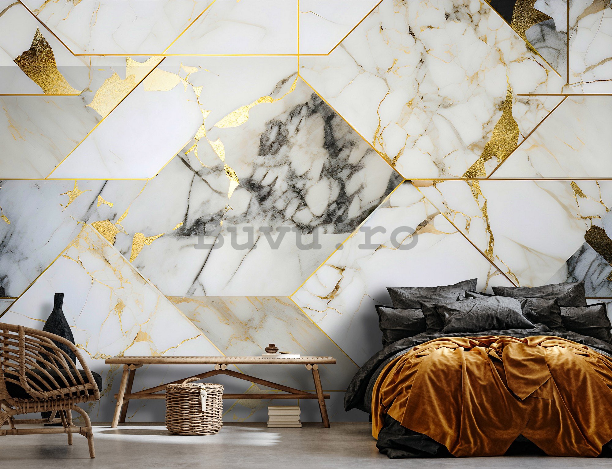 Fototapet vlies: Imitation marble gold geometry - 416x254 cm