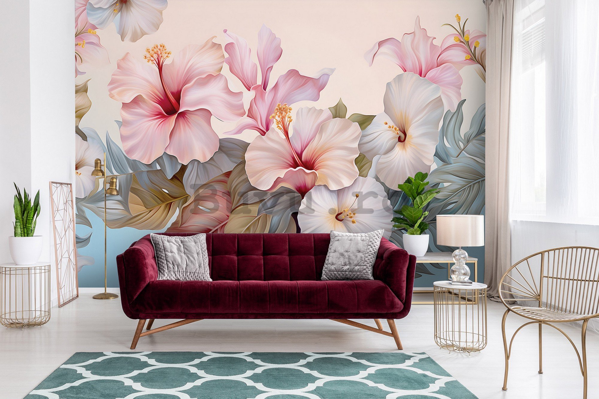 Fototapet vlies: Nature flowers hibiscus painting - 416x254 cm