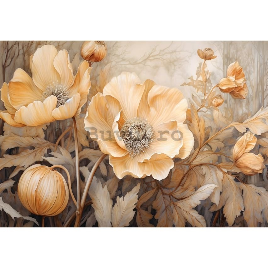 Fototapet vlies: Art Nature Beige Big Flowers - 416x254 cm