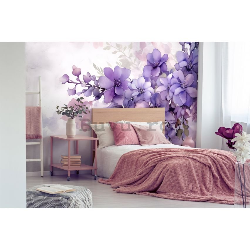 Fototapet vlies: Violet Romantic Painted Flowers - 416x254 cm