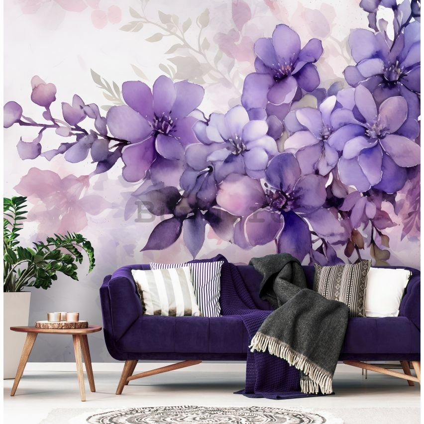 Fototapet vlies: Violet Romantic Painted Flowers - 416x254 cm