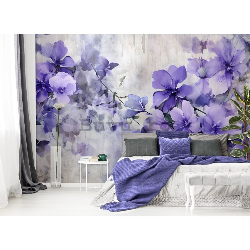 Fototapet vlies: Violet Romantic Painted Flowers (1) - 416x254 cm